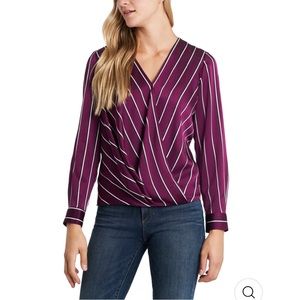 Vince Camuto Womens Burgundy Textured Snap Front Striped Cuffed Sleeve Wrap Top